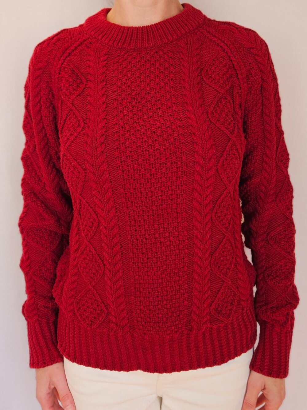 L.L. Bean Signature Cotton Fisherman Cable Knit Sweater - M - Red